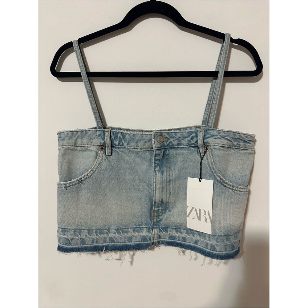 Zara Cropped Denim Frayed Tank Top Size M Blue